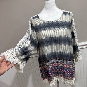 Jodifl Boho Fringe Tunic Top - Tie Dye & Aztec Print (Size S)